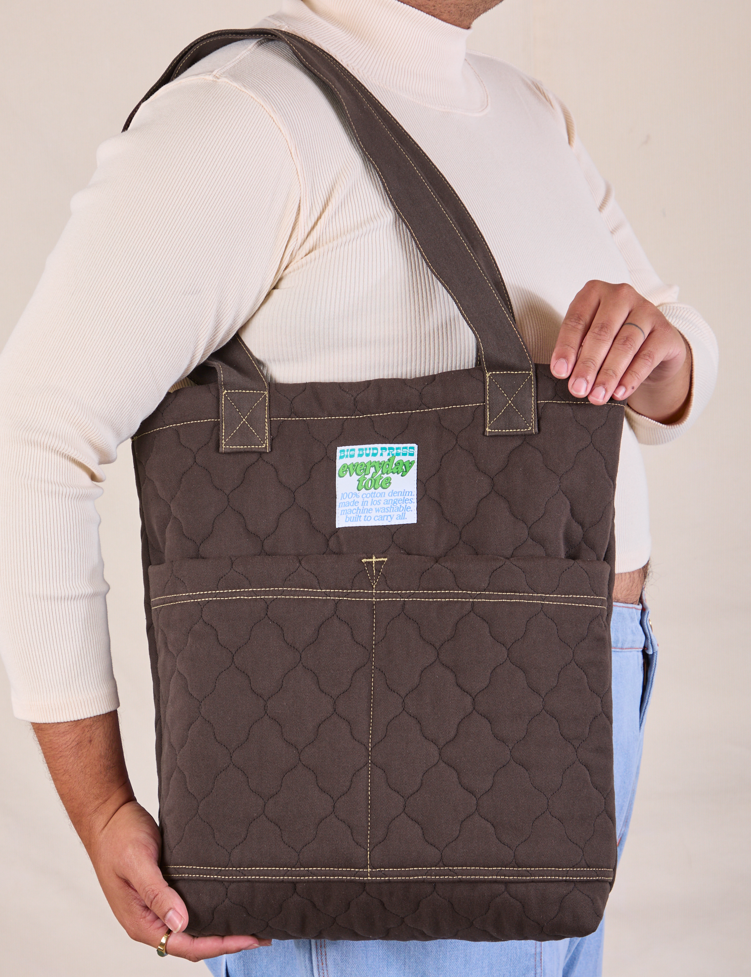 Quilted Everyday Tote in Espresso Brown worn by model