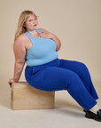 Racerback Tank in Baby Blue and royal blue Work Pants on Juliet