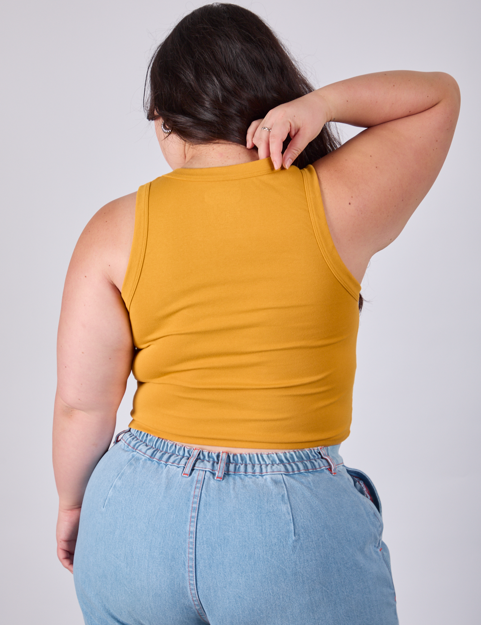 Cropped Tank Top in Mustard Yellow back view on Ashley