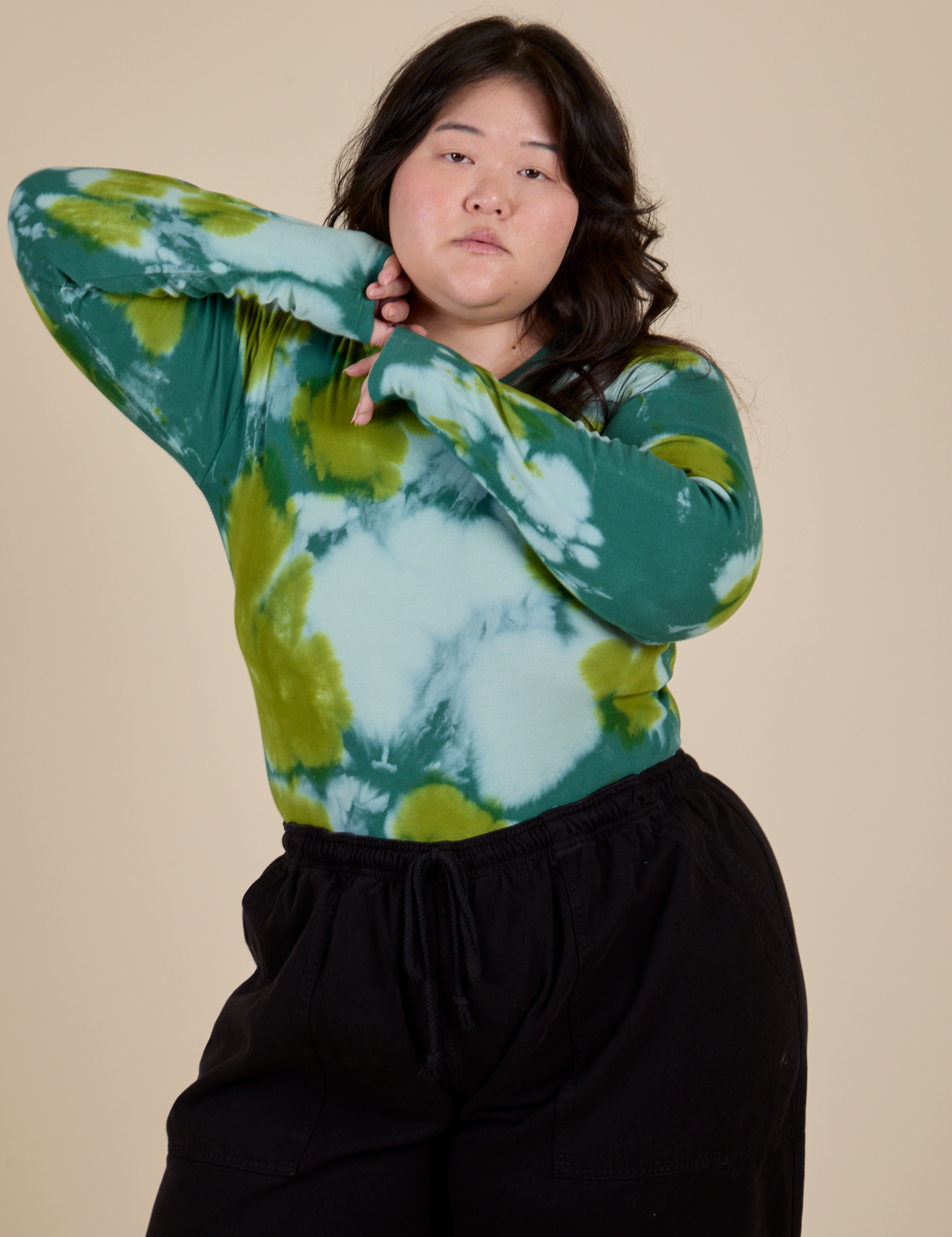 Long Sleeve Baby Tee in Green Magic Waters worn by Ashley