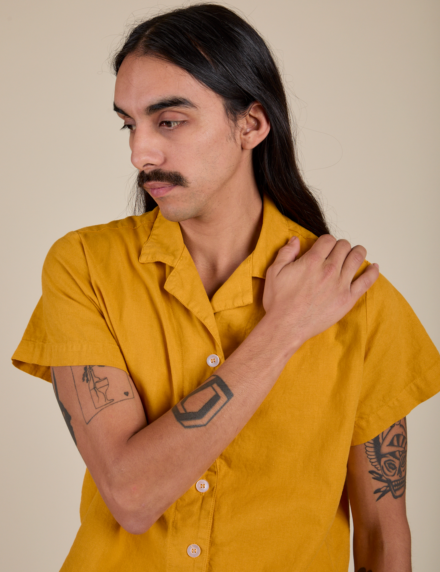 Pantry Button-Up in Mustard Yellow close up on Anthony
