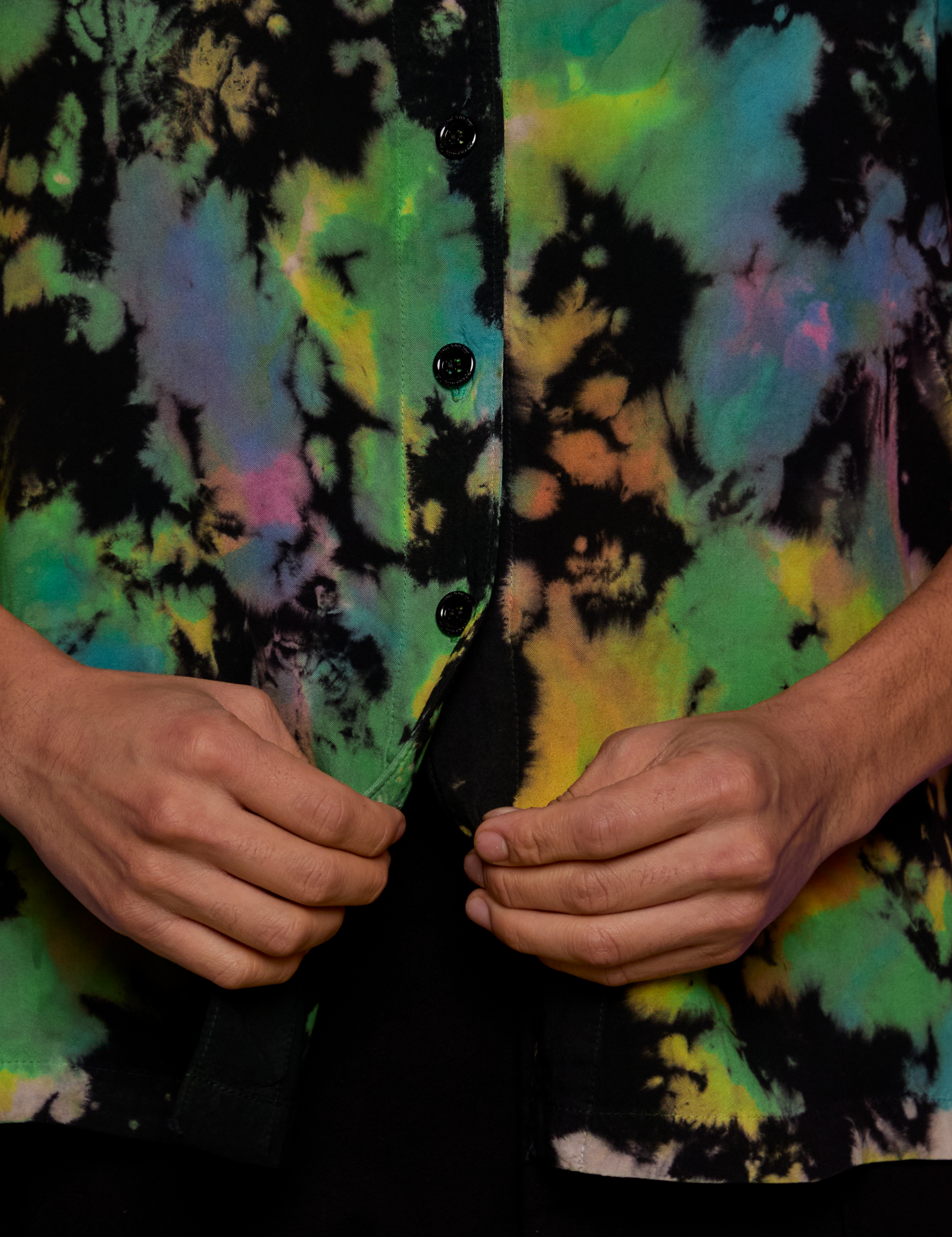 Pantry Button-Up in Rainbow Magic Waters close up on Anthony