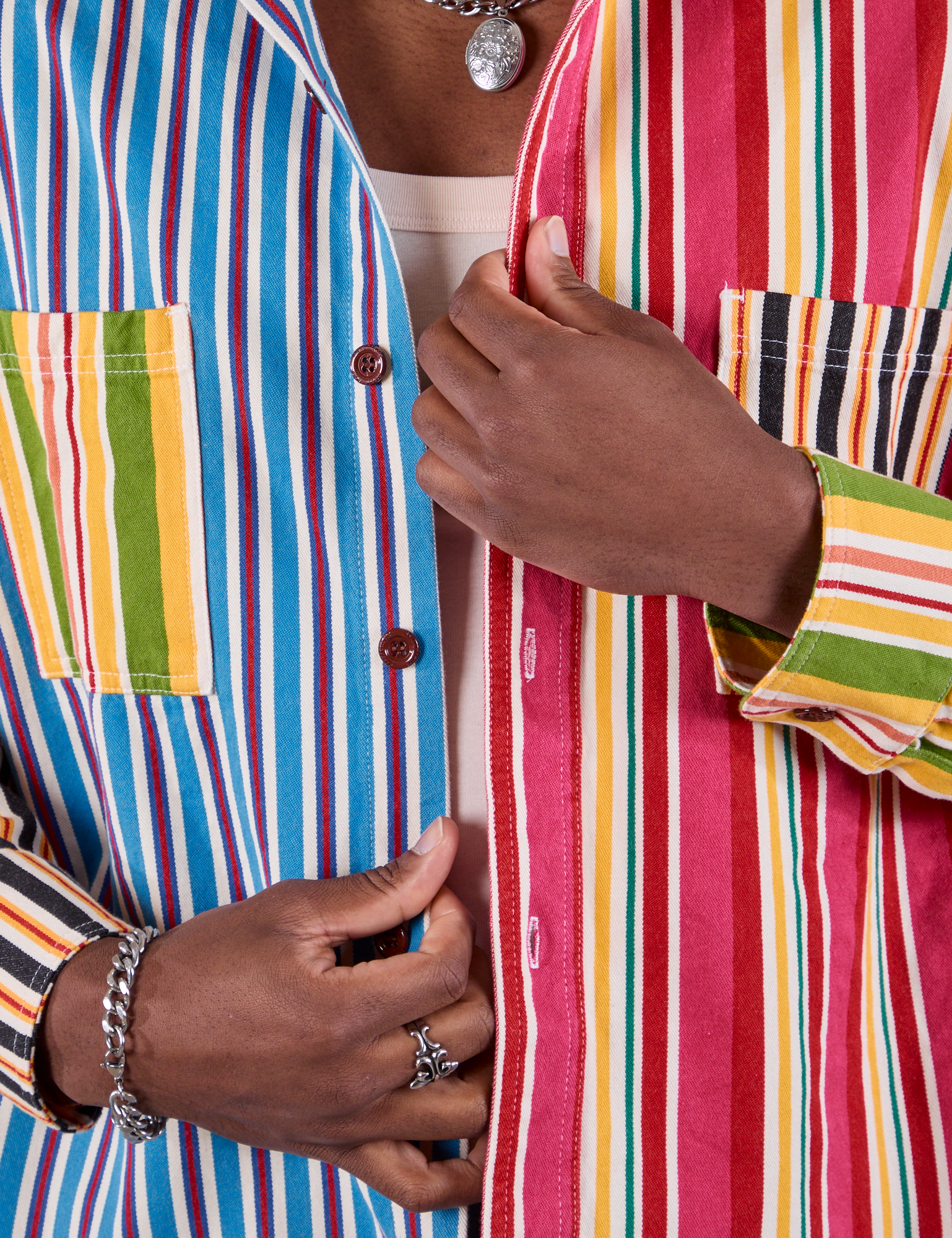 Cropped Overshirt in Mixed Stripe front close up on Isaac