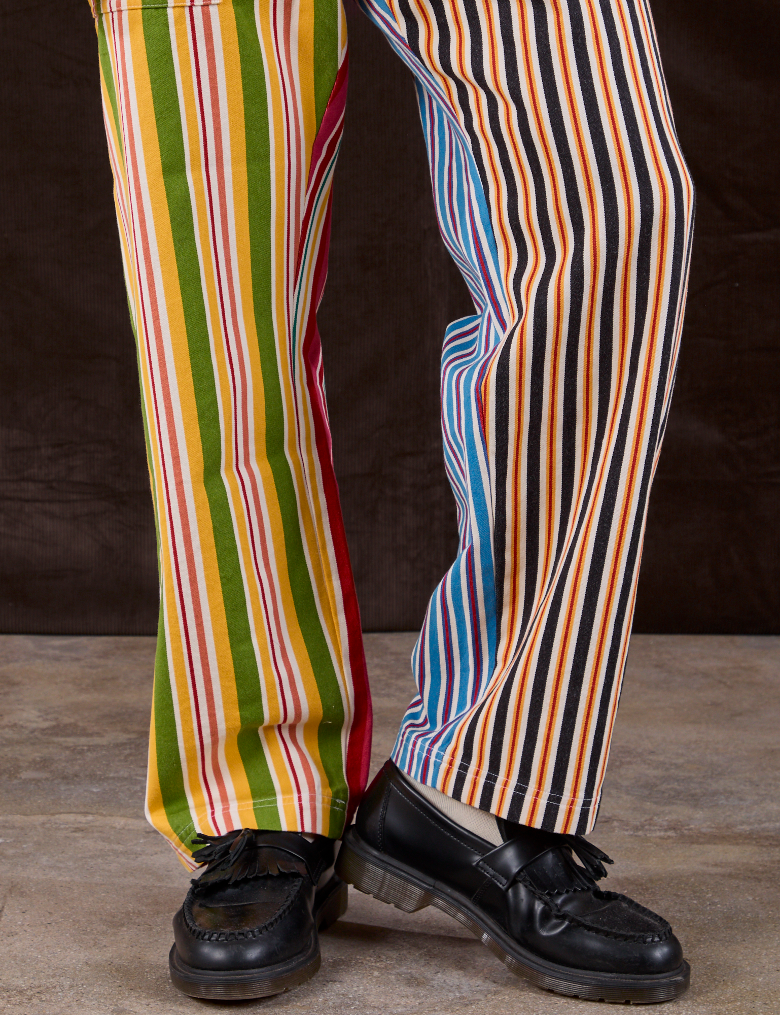 Mixed Stripe Work Pants pant leg close up on Isaac