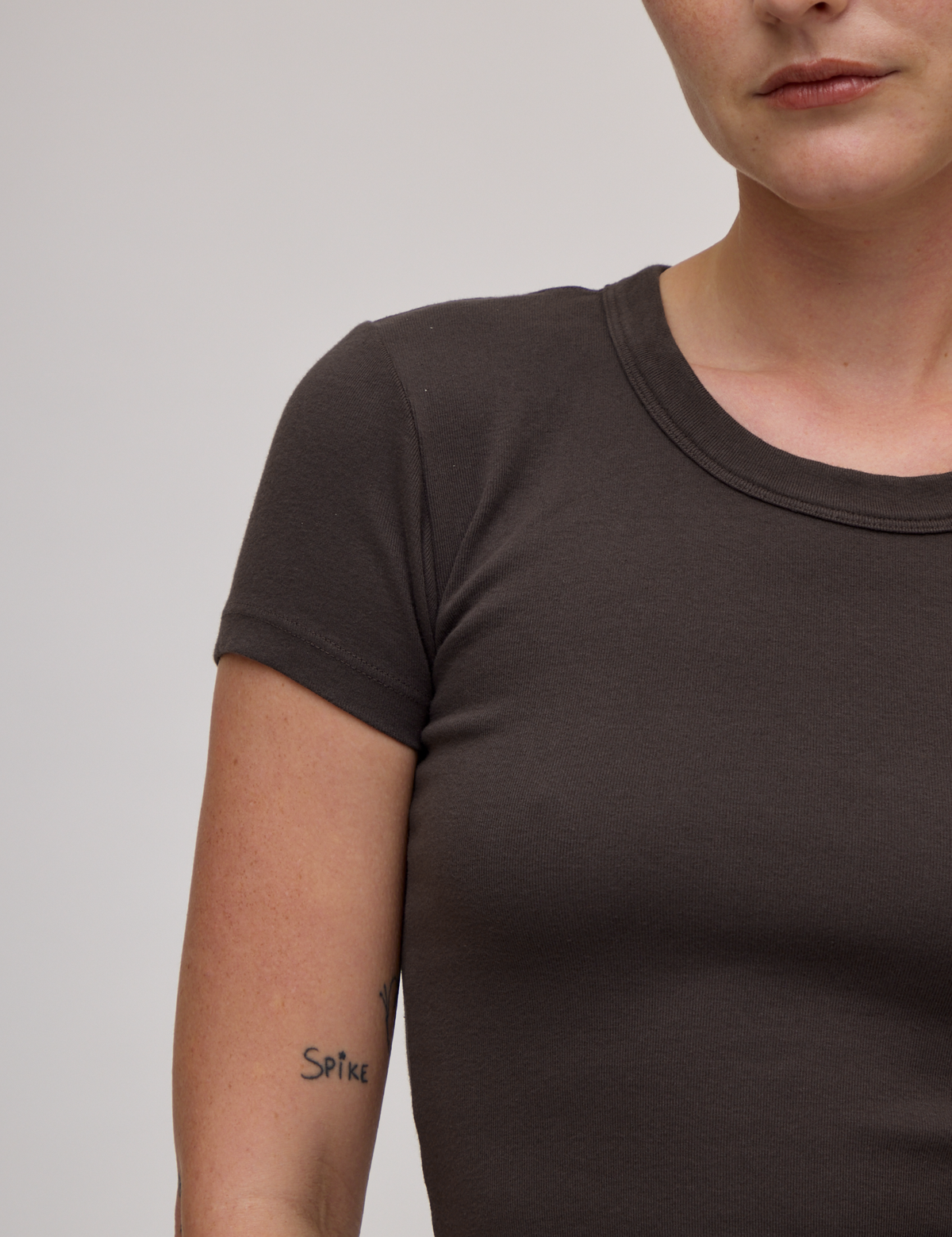 Front close up of Baby Tee in Espresso Brown on Alex