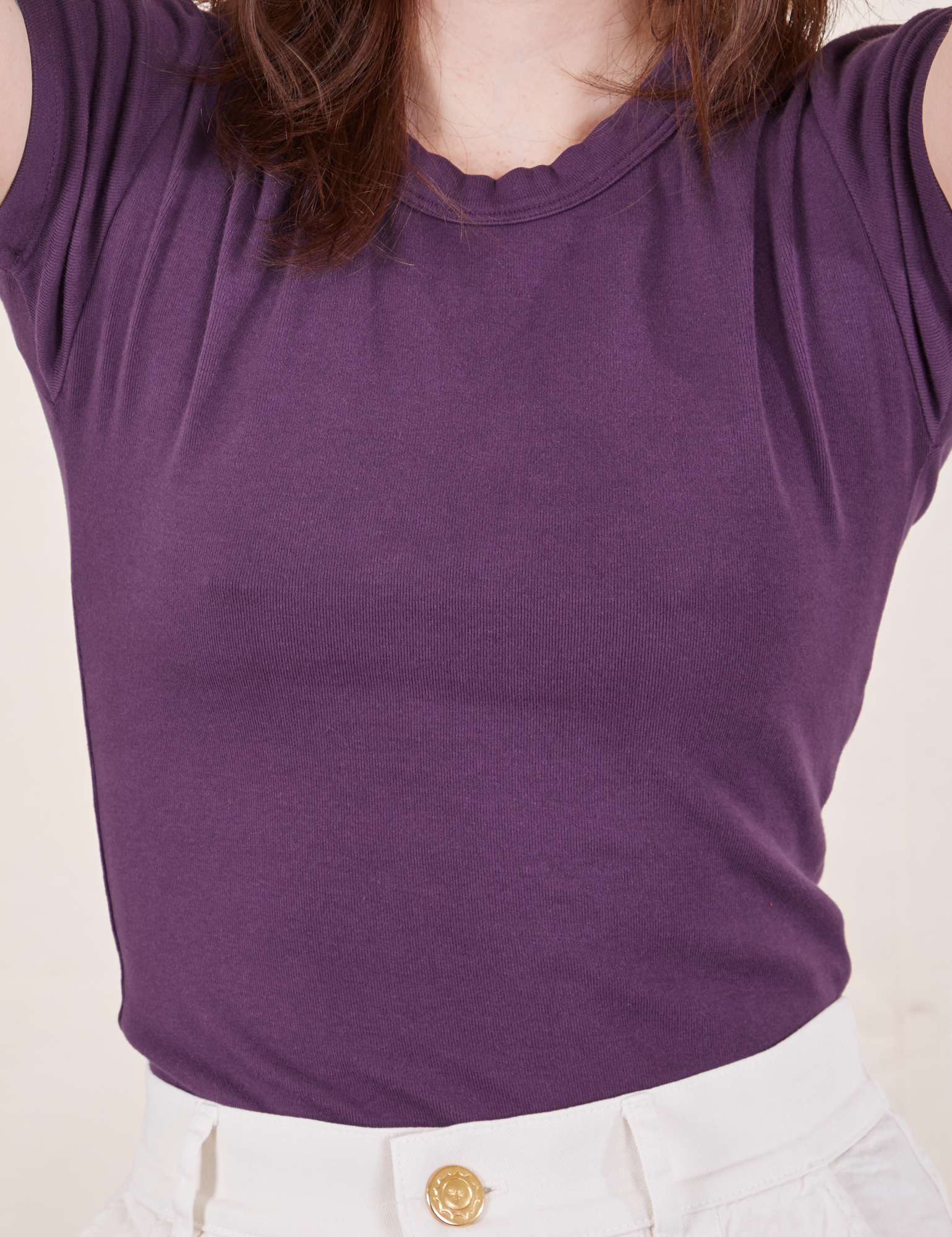 Front close up of Baby Tee in Nebula Purple worn by Hana