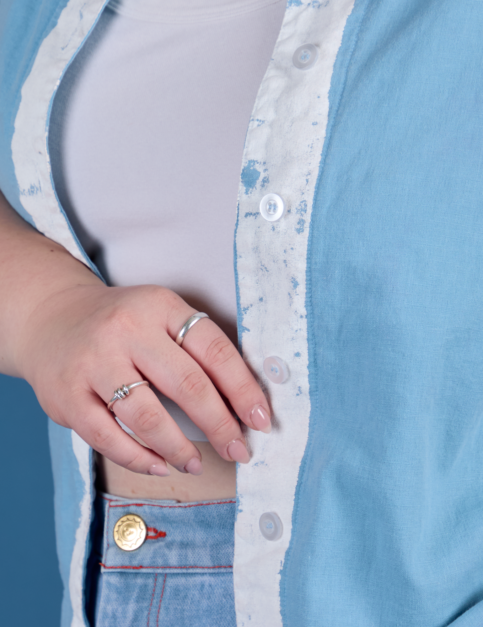 Close up of Painted Pantry Button-Up in Baby Blue button placket  