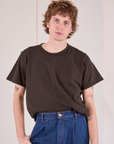 Burly Tee in Espresso Brown tucked into dark wash Denim Wide Leg Trousers on Quinn