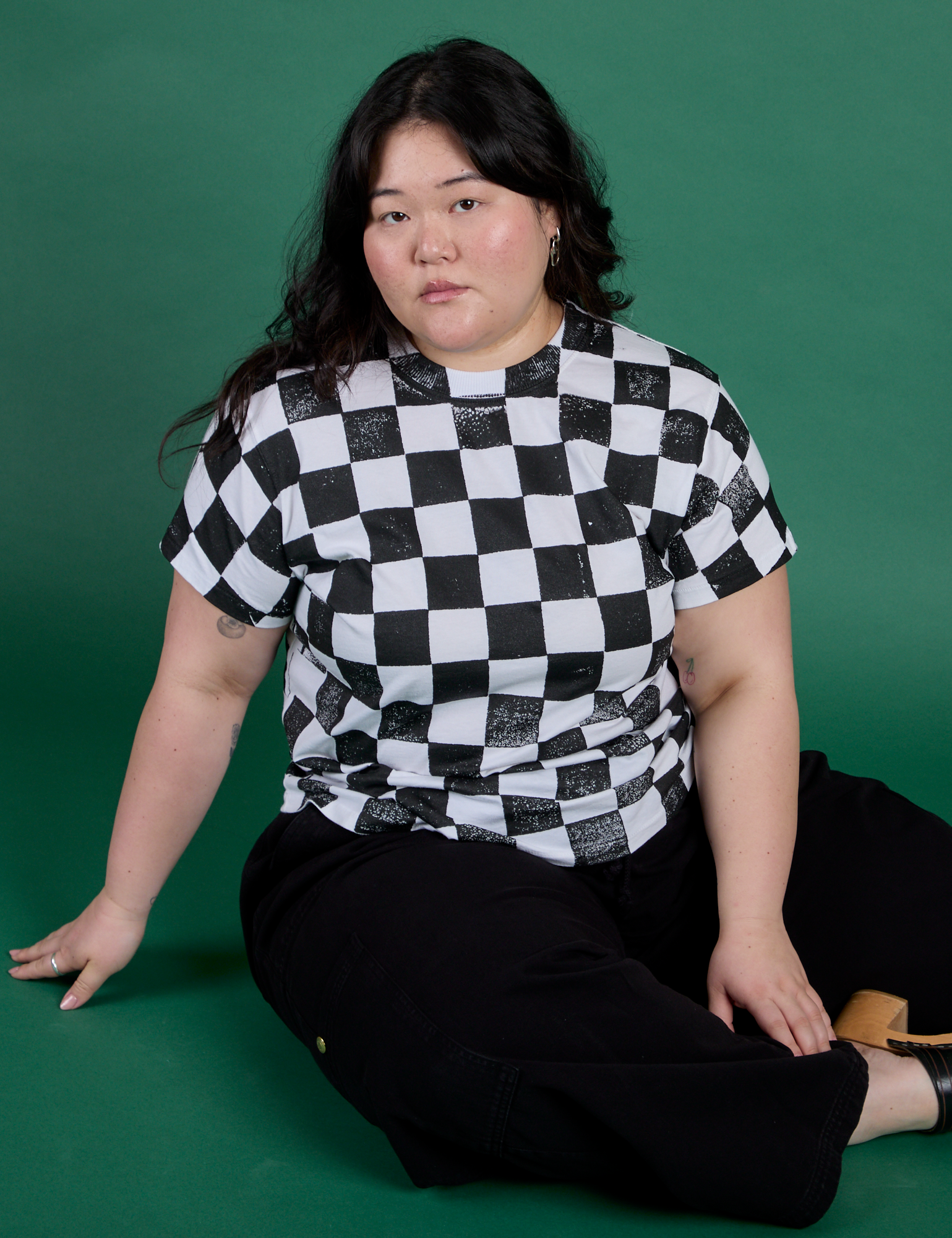 Checker Organic Tee in Black worn by Ashley