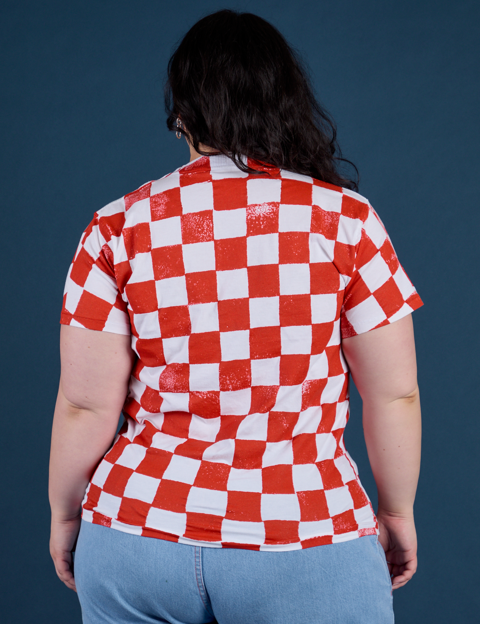 Checker Organic Tee in Red back view on Ashley