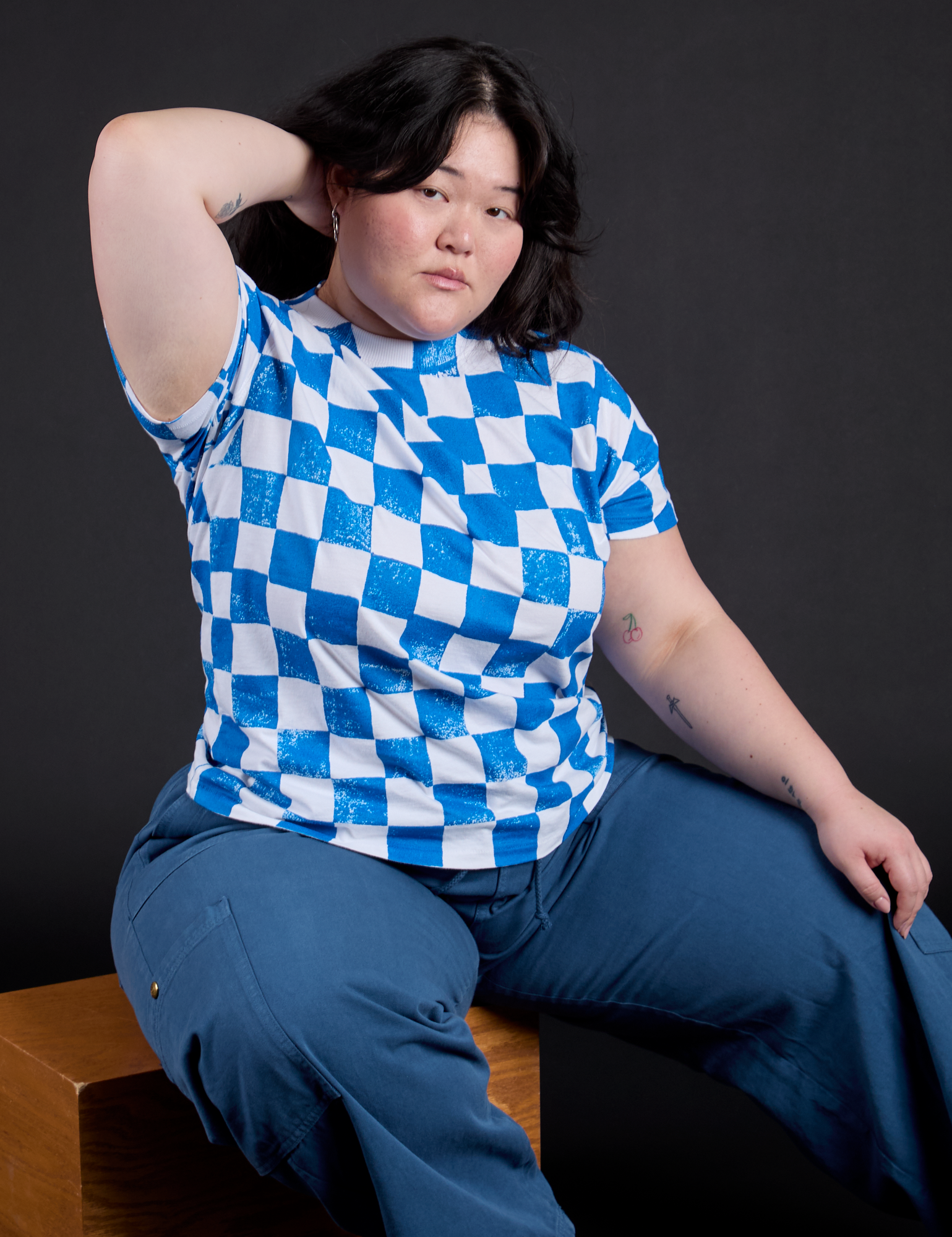 Checker Organic Tee in Blue worn by Ashley