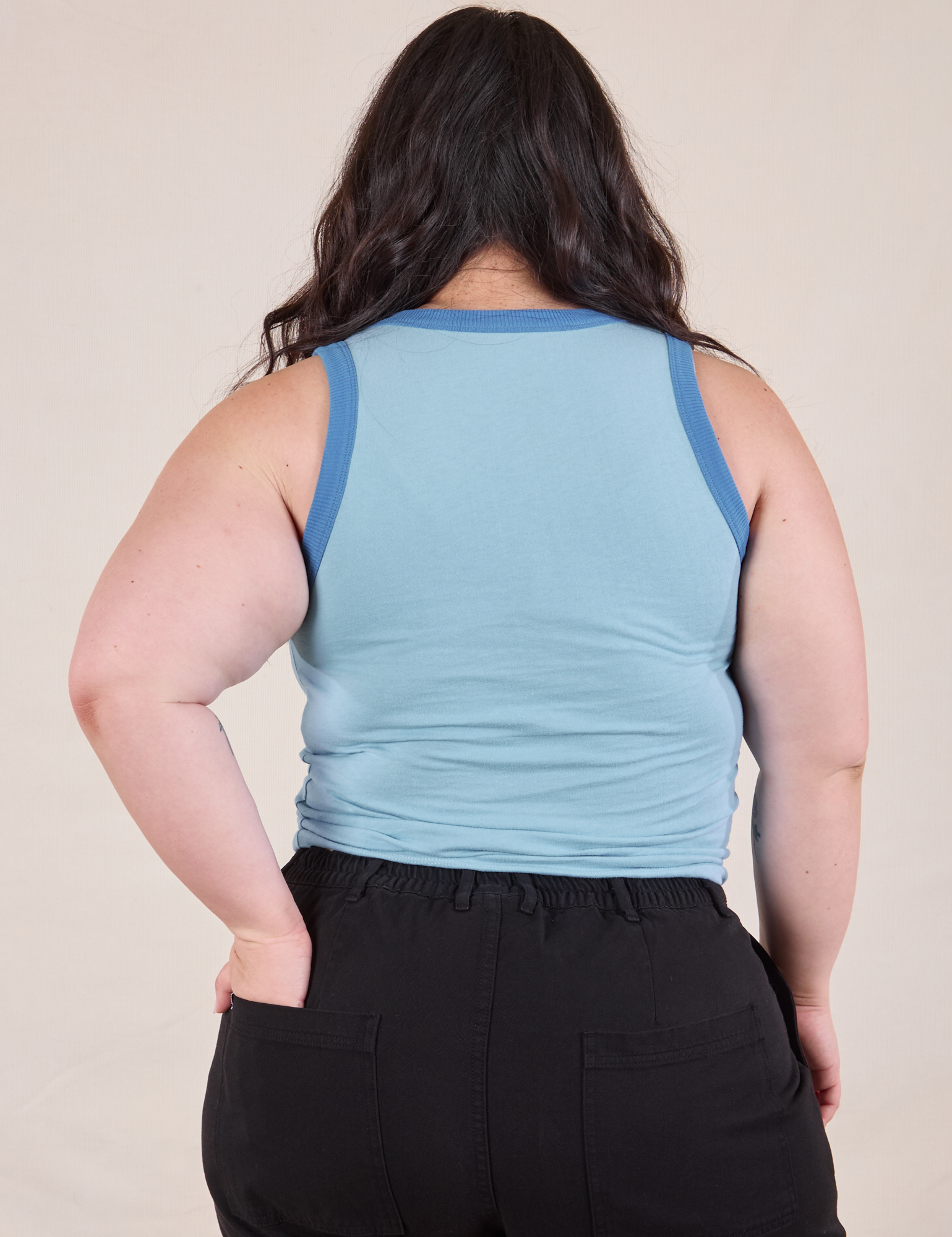 Colorblock Cropped Tank in Baby Blue back view on Ashley