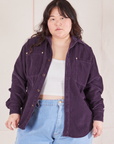 Ashley is wearing Corduroy Overshirt in Nebula Purple with a vintage off-white Cropped Cami underneath paired with light wash Denim Trouser Jeans