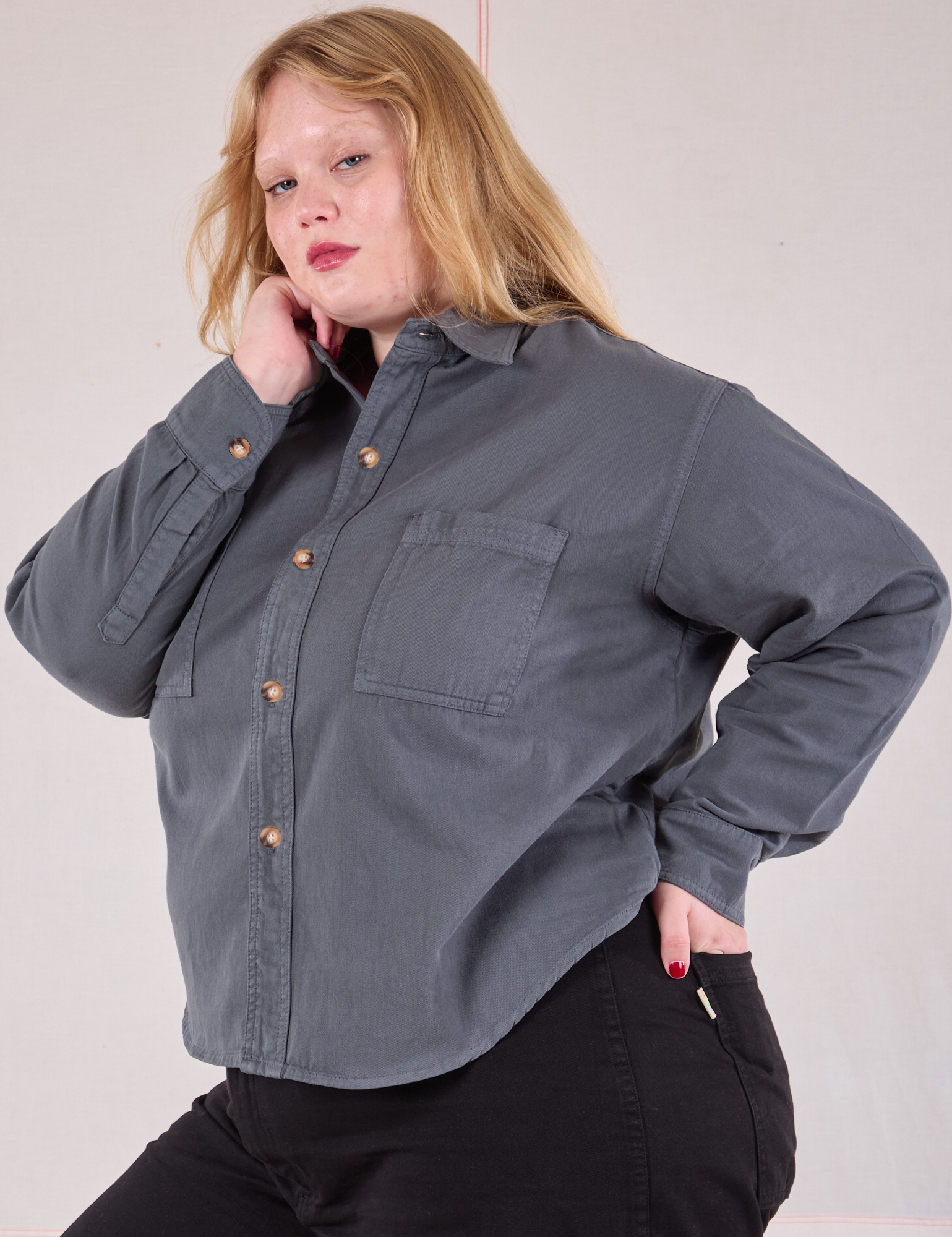 Cropped Overshirt in Slate Grey angled front view on Juliet