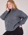 Cropped Overshirt in Slate Grey angled front view on Juliet