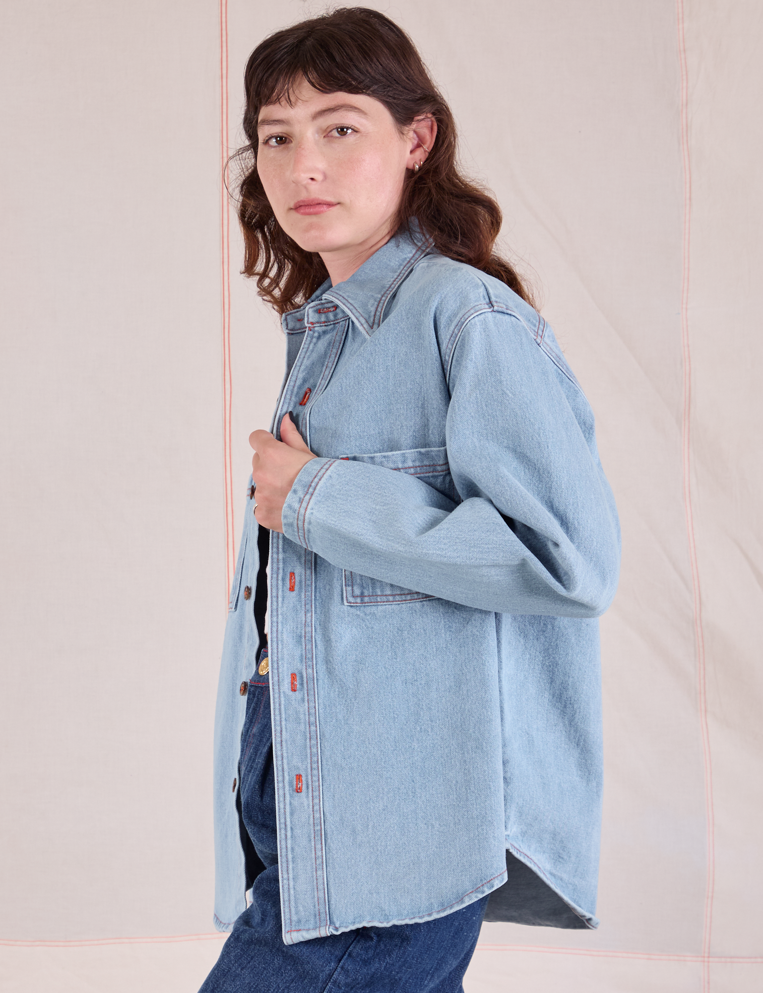 Denim Overshirt in Light Wash side view on Alex