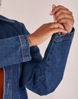 Denim Overshirt in Dark Wash sleeve close up on Meghna