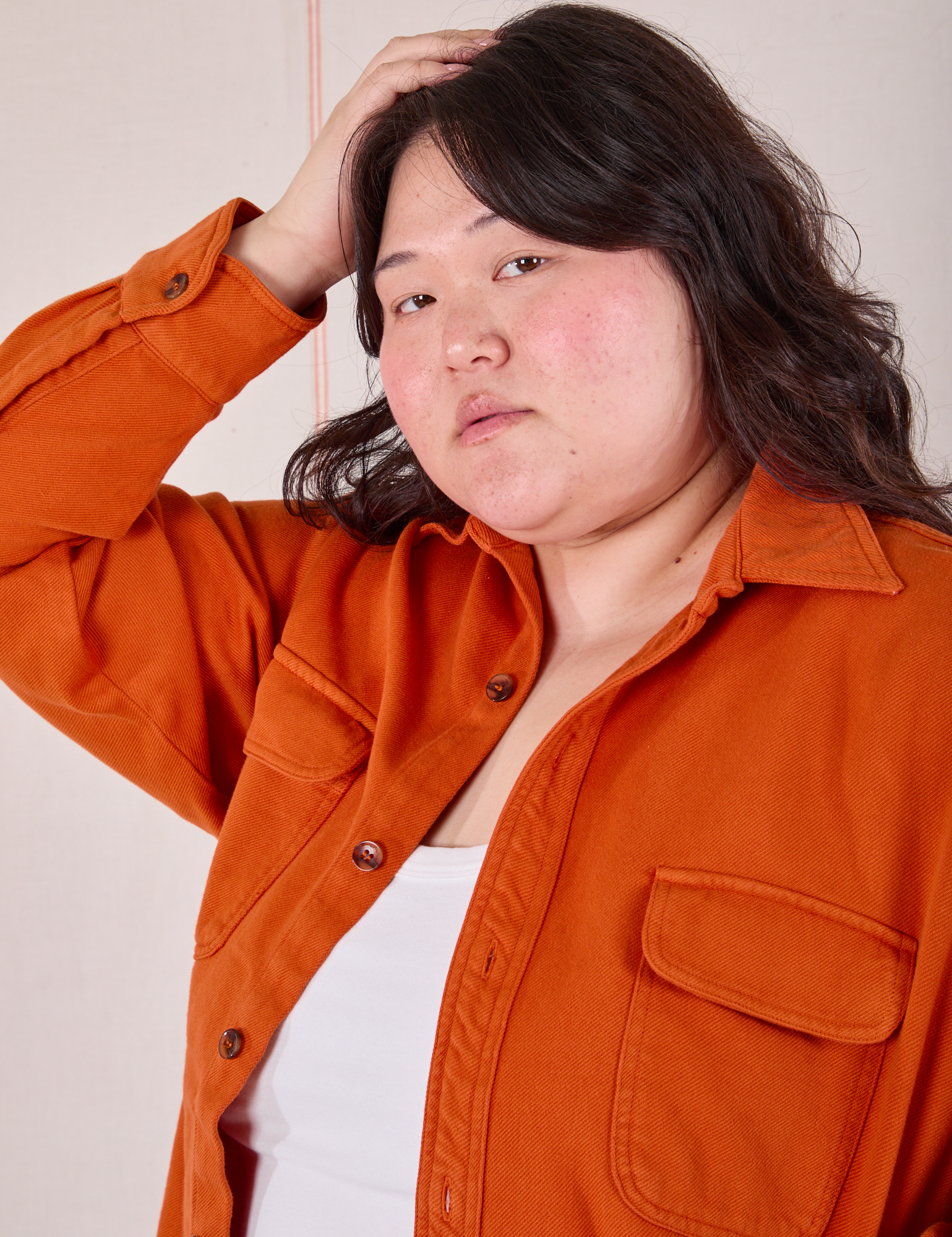 Flannel Overshirt in Burnt Orange close up on Ashley