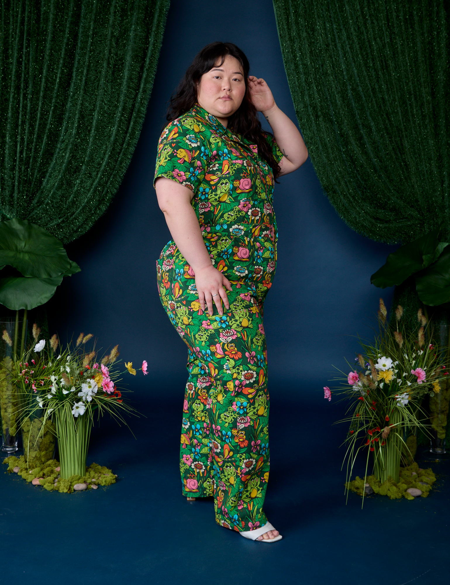 Pond Party Print Jumpsuit side view on Ashley