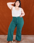 Ashley is wearing Gingham Western Pants in Green and Cropped Tank in vintage tee off-white