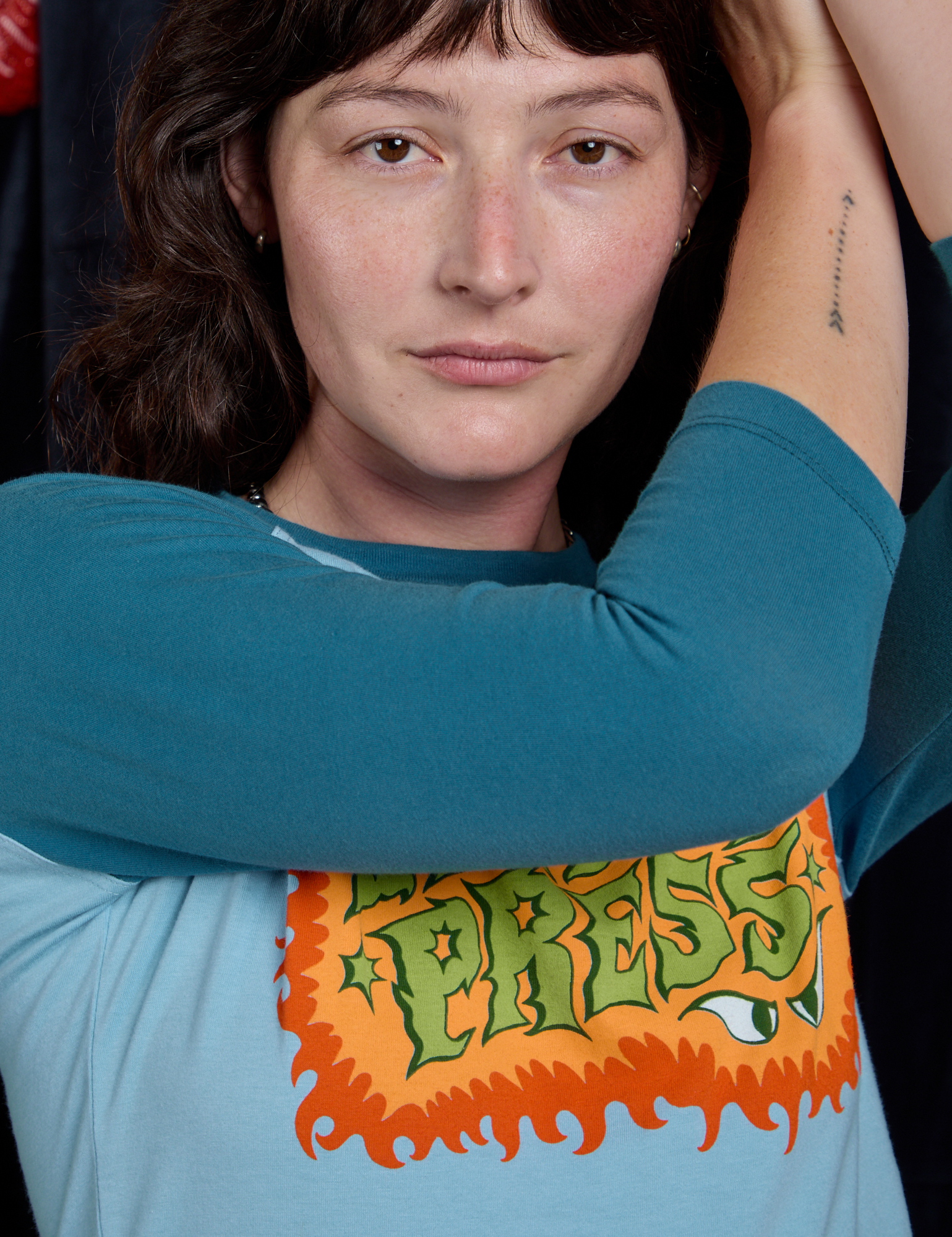 Raglan Tee in Haunted BBP close up on Alex