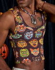 Cropped Tank Top in Halloween Masks angled front view close up on Jerrod