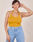 Tiara is 5'4" and wearing XS Halter Top in Mustard Yellow