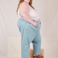 Side view of Heavyweight Trousers in Baby Blue worn by Catie