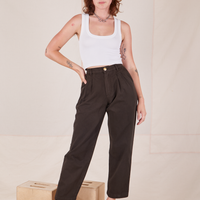 Alex is 5'8" and wearing XXS Heavyweight Trousers in Espresso Brown paired with vintage off-white Cropped Tank Top