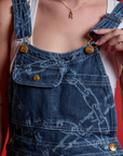 Carpenter Overalls in Chain Link front close up on Alex