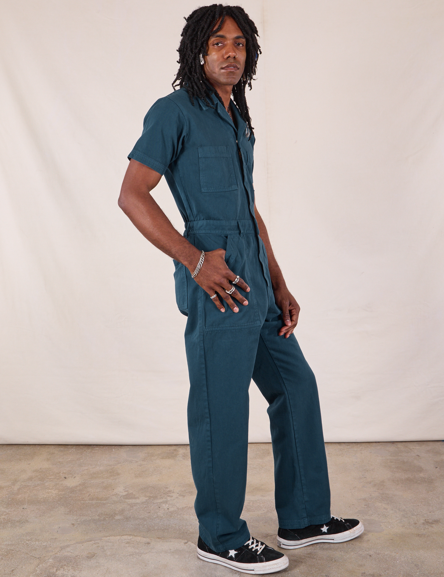 Side view of Long Jumpsuit in Lagoon on Jerrod