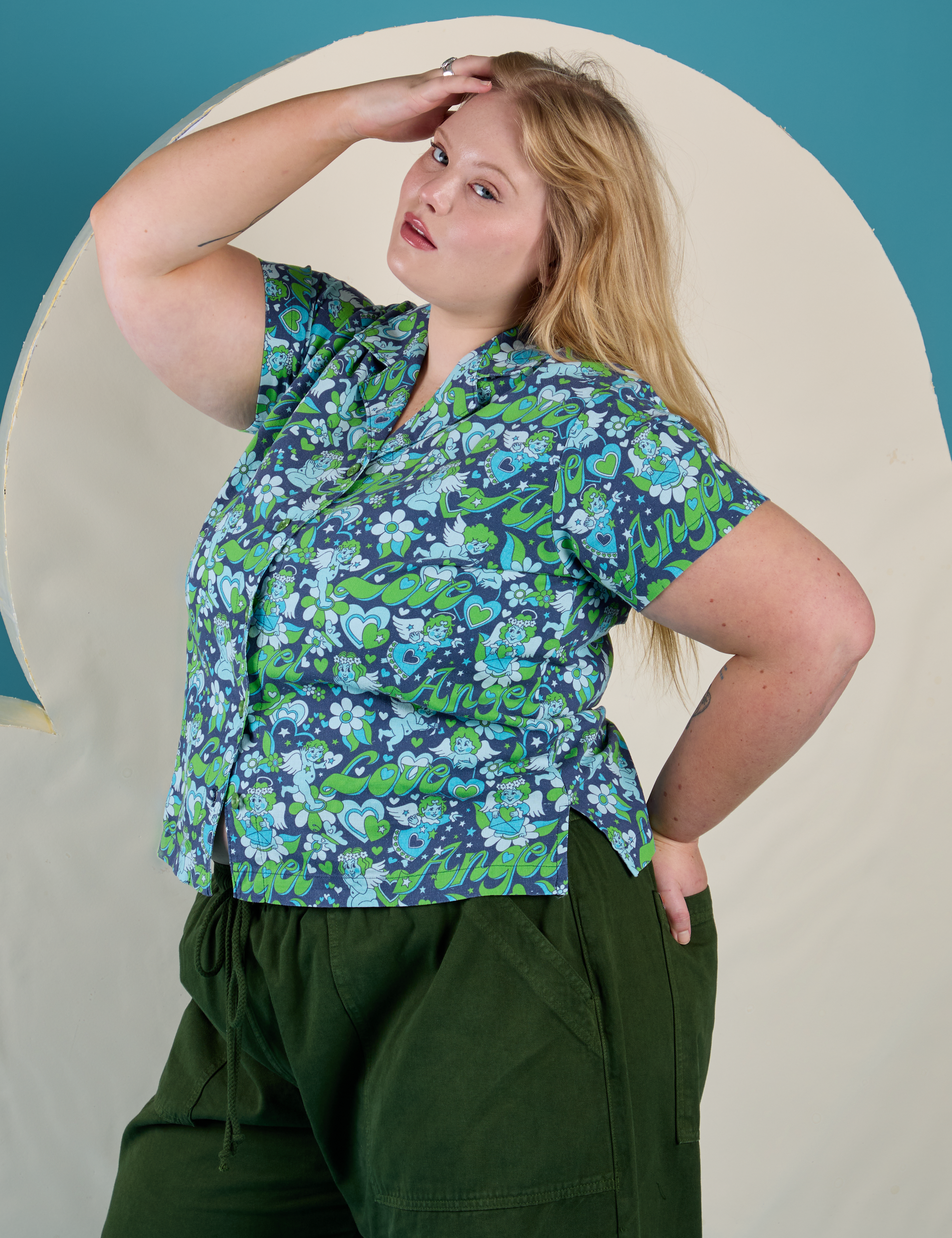 Angled front view of Angel Print Pantry Button-Up on Juliet