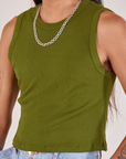 Muscle Tee in Summer Olive close up on Anthony