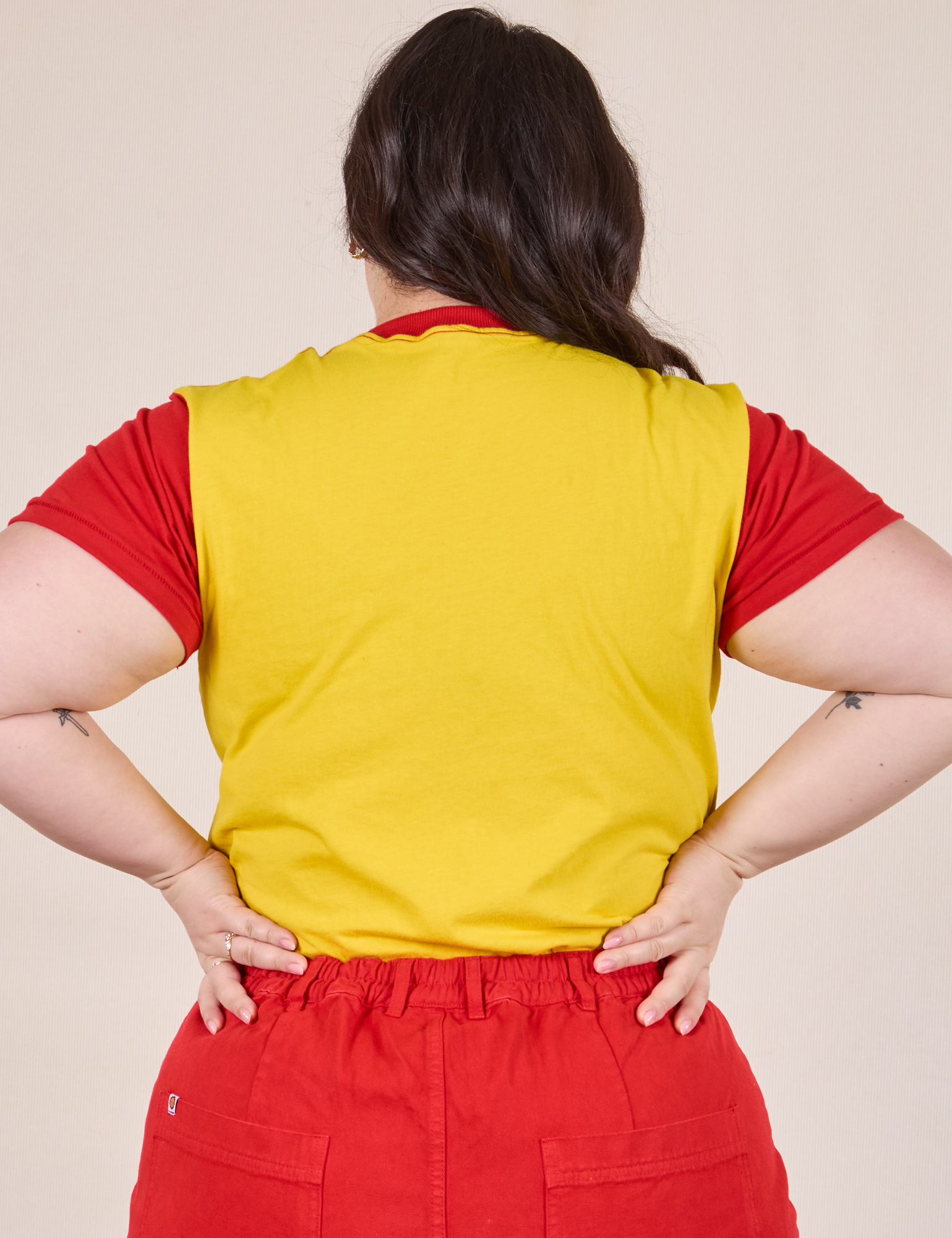 Mismatched Tee in Yellow &amp; Red back view on Ashley