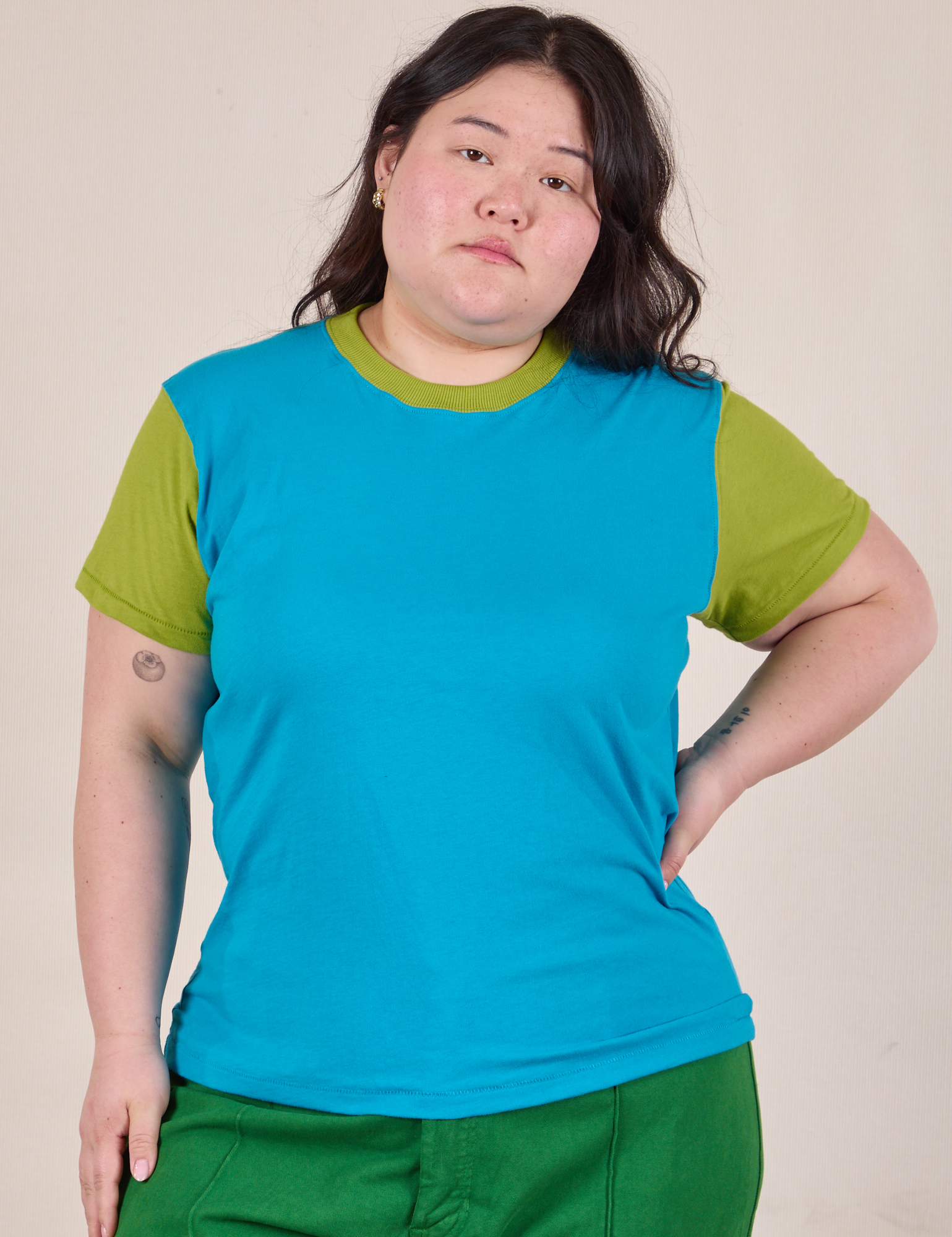 Mismatched Tee in Blue &amp; Green on Ashley