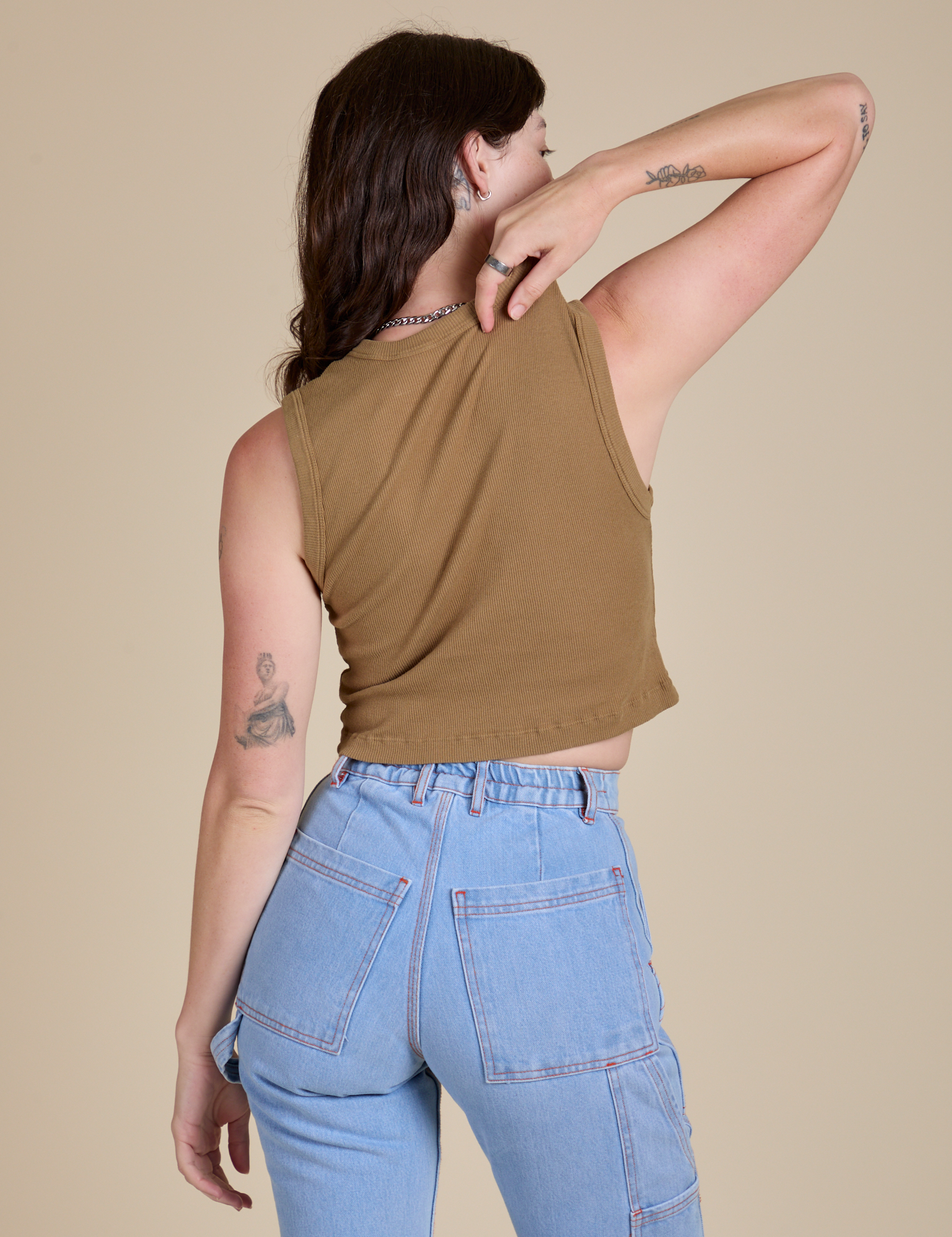 Muscle Tee in Desert Brown back view on Alex