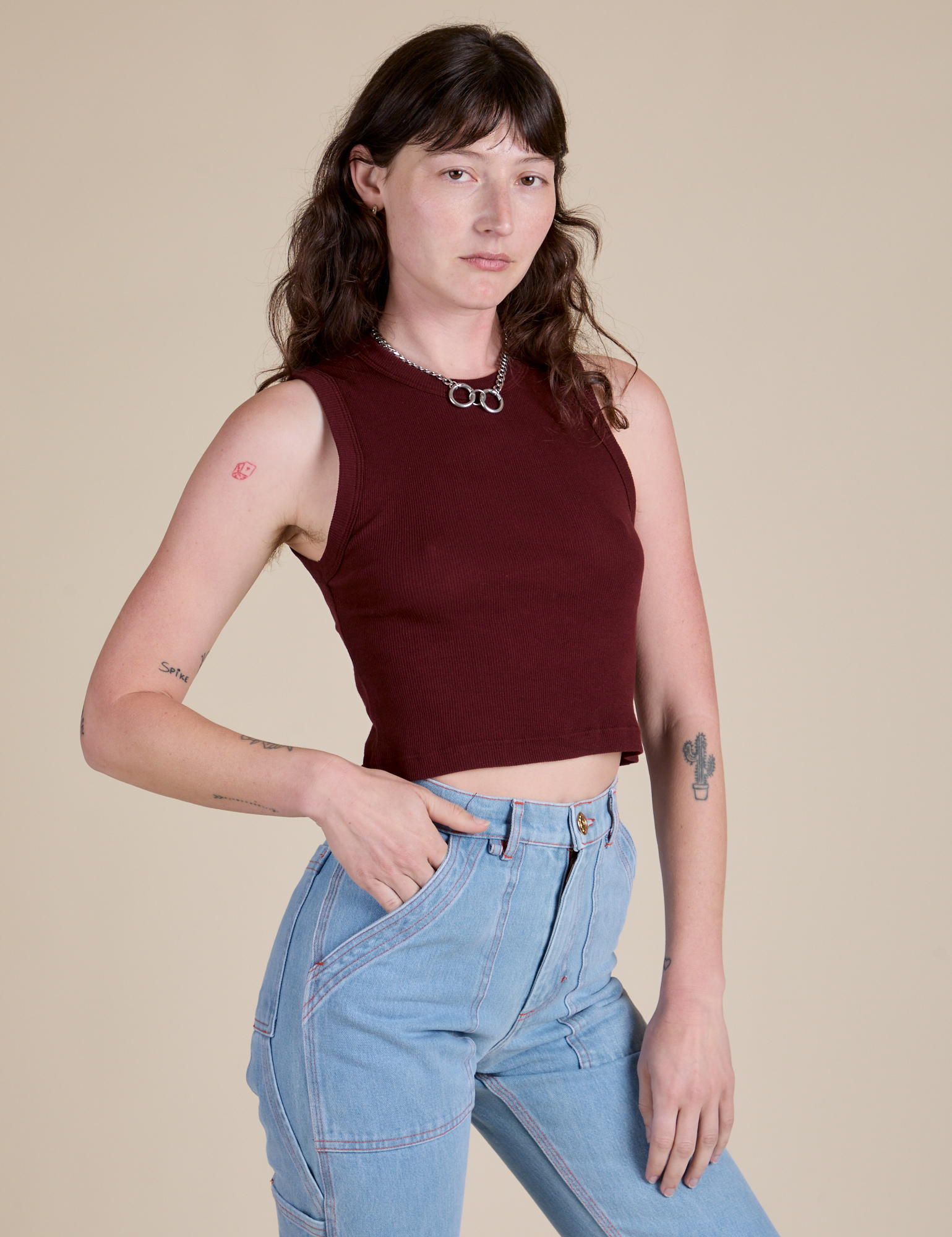 Muscle Tee in Red Wine angled front view on Alex