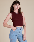 Muscle Tee in Red Wine angled front view on Alex
