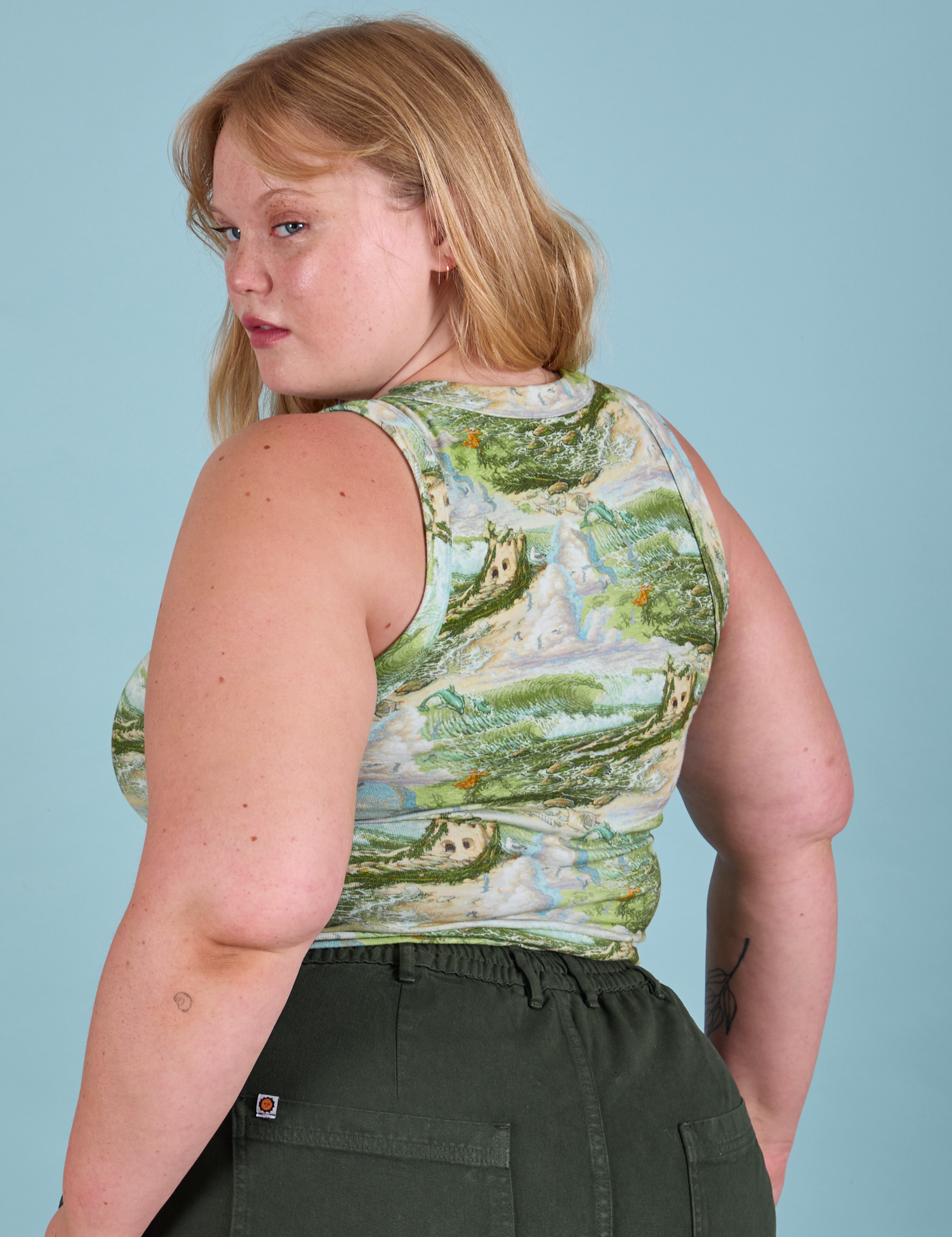 Cropped Tank Top in Ocean and Sky angled back view on Juliet