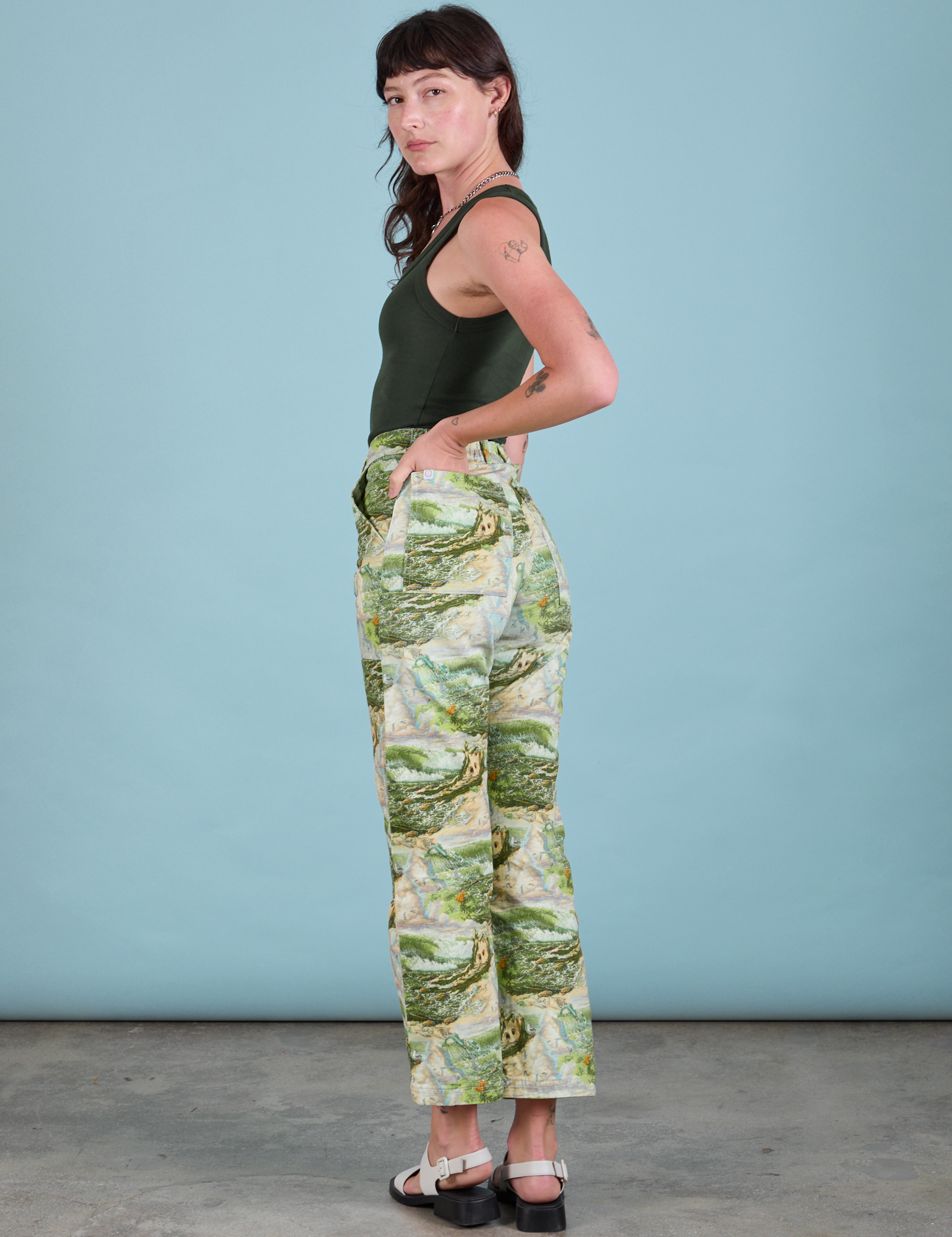 Angled back view of Work Pants in Ocean and Sky on Alex