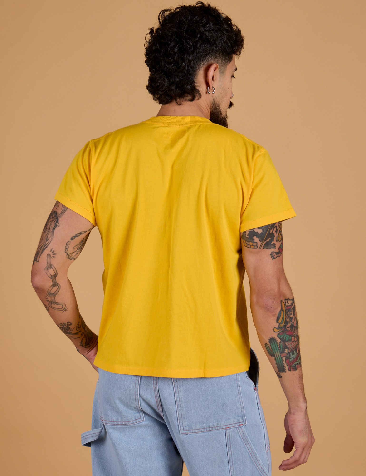 Organic Vintage Tee in Sunshine Yellow back view on Jesse