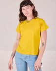 Alex is 5’8” and wearing P Organic Vintage Tee in Golden Yellow