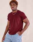 Organic Vintage Tee in Red Wine angled front view on issac