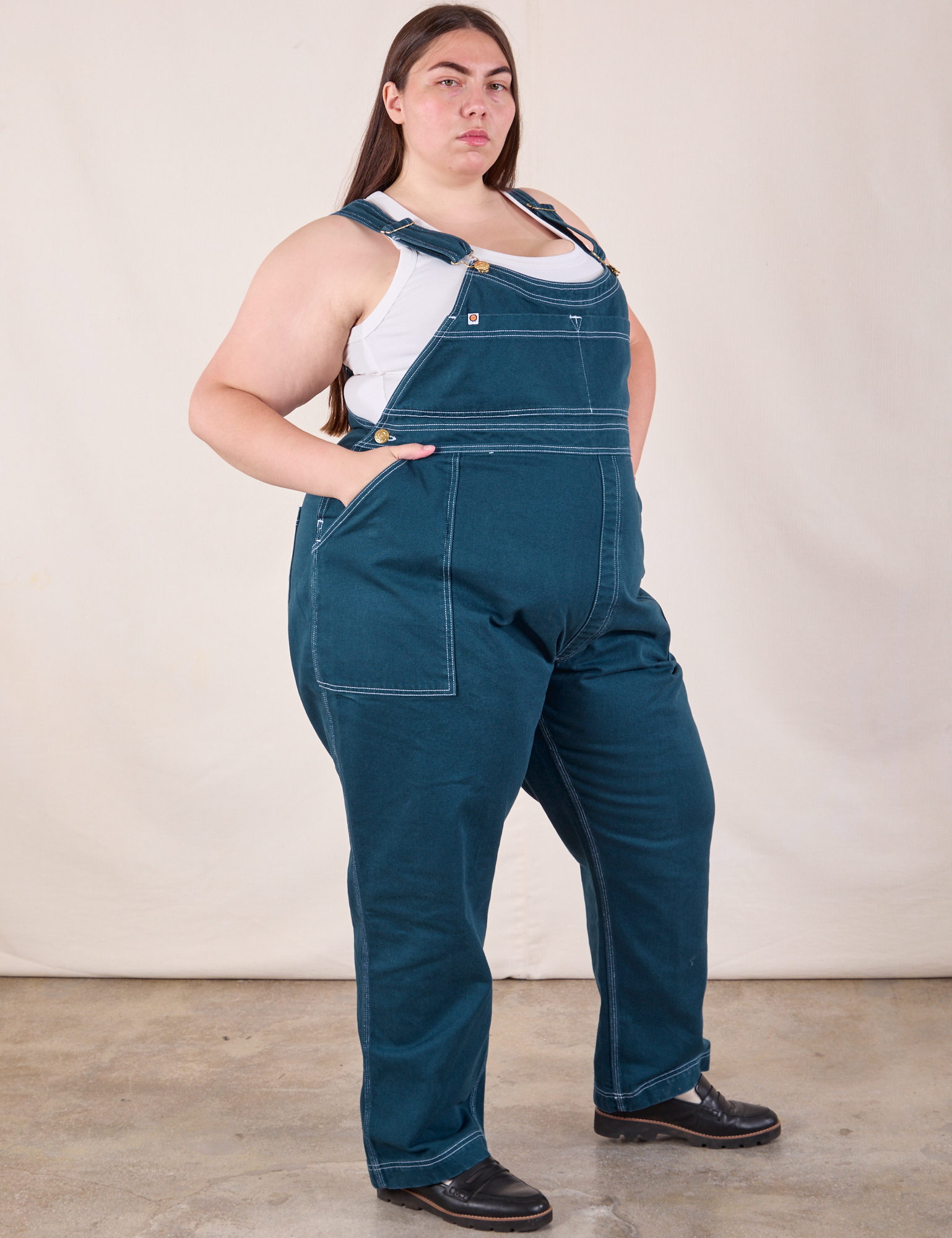 Original Overalls in Lagoon angled front view on Marielena