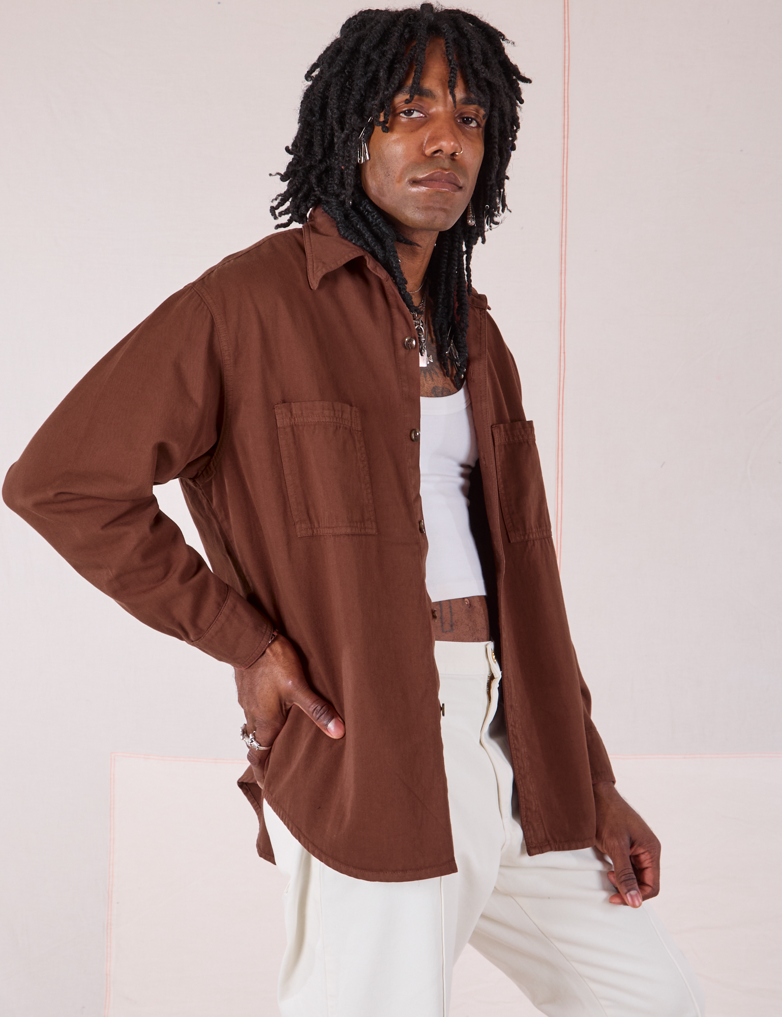 Twill Overshirt in Fudgesicle Brown side view on Jerrod