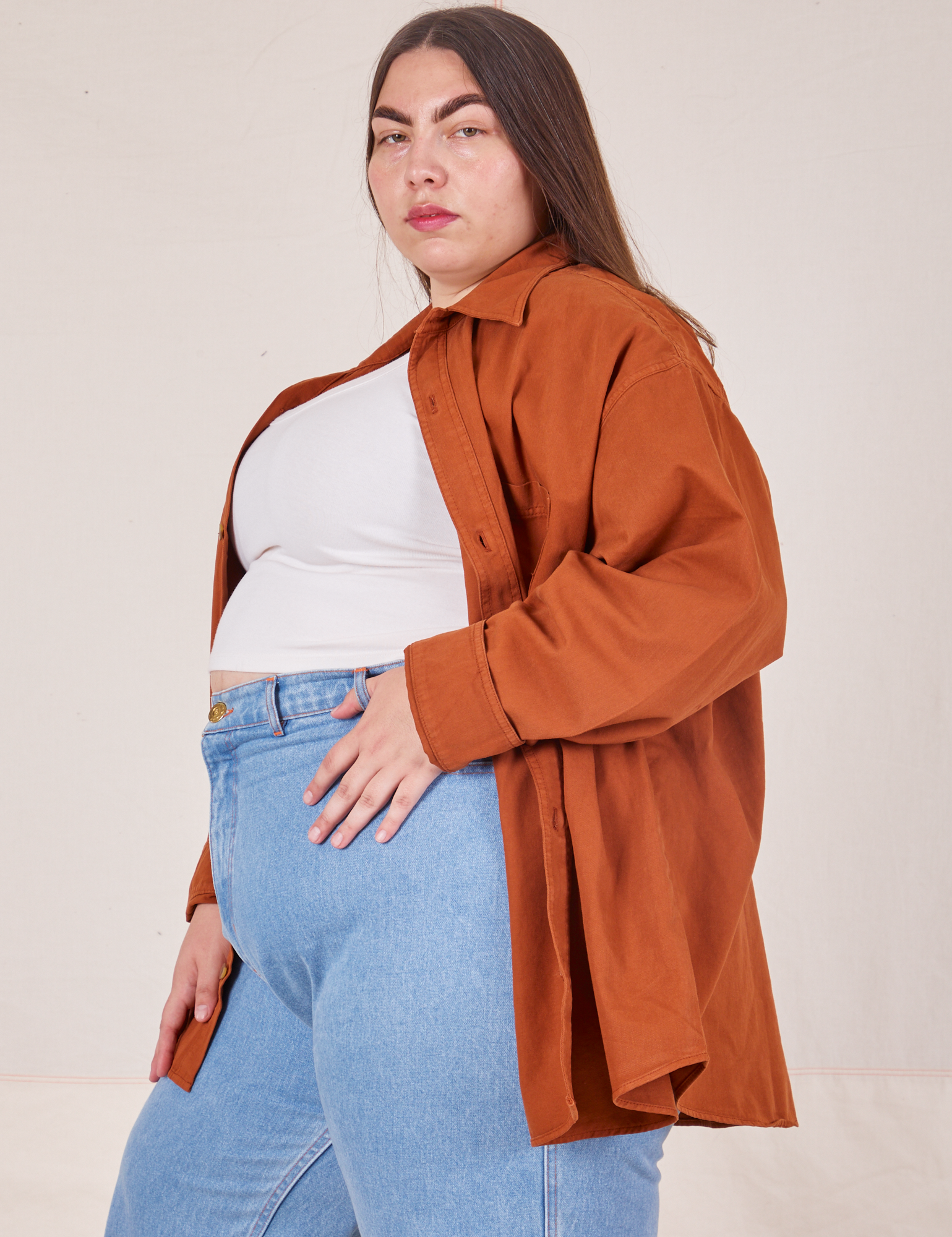 Side view of Oversize Overshirt in Burnt Terracotta on Marielena