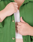 Front close up of Oversize Overshirt in Lawn Green worn by Marielena
