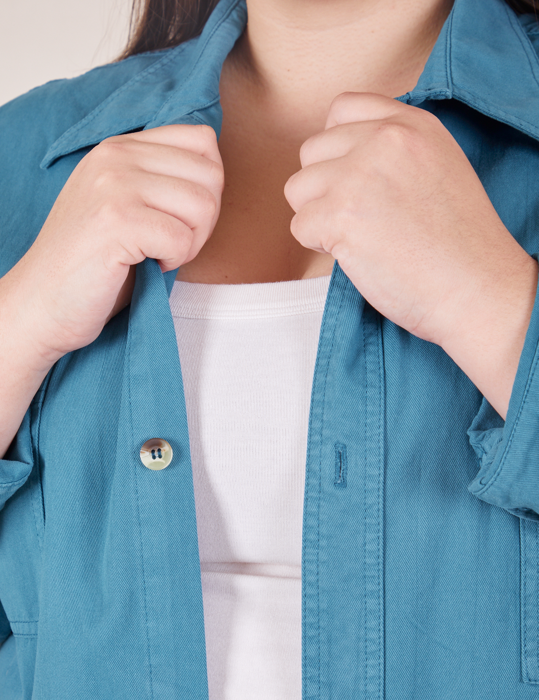 Front close up of Oversize Overshirt in Marine Blue on Marielena