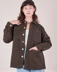Alex is 5'8" and wearing size P Field Coat in Espresso Brown