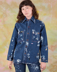 Alex is 5’8” and wearing P Painted Denim Overshirt in Light Paint